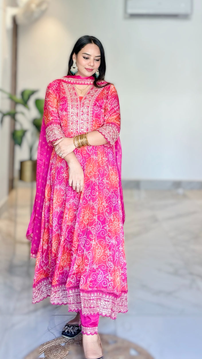 Rani Pink Ethnic Chinon Bandhej Print Anarkali Flared Bandhani Kurta with Pant & Embroidered Dupatta