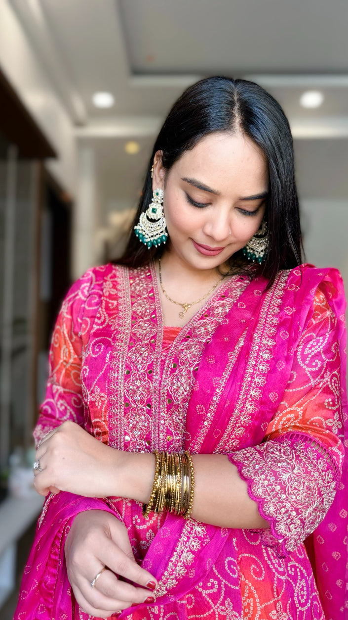 Rani Pink Ethnic Chinon Bandhej Print Anarkali Flared Bandhani Kurta with Pant & Embroidered Dupatta