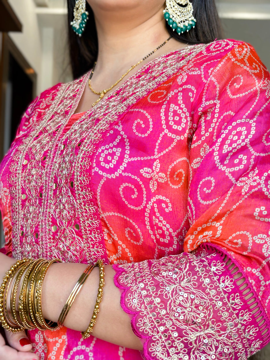 Rani Pink Ethnic Chinon Bandhej Print Anarkali Flared Bandhani Kurta with Pant & Embroidered Dupatta