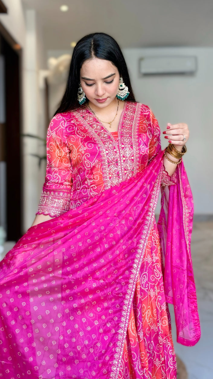 Rani Pink Ethnic Chinon Bandhej Print Anarkali Flared Bandhani Kurta with Pant & Embroidered Dupatta