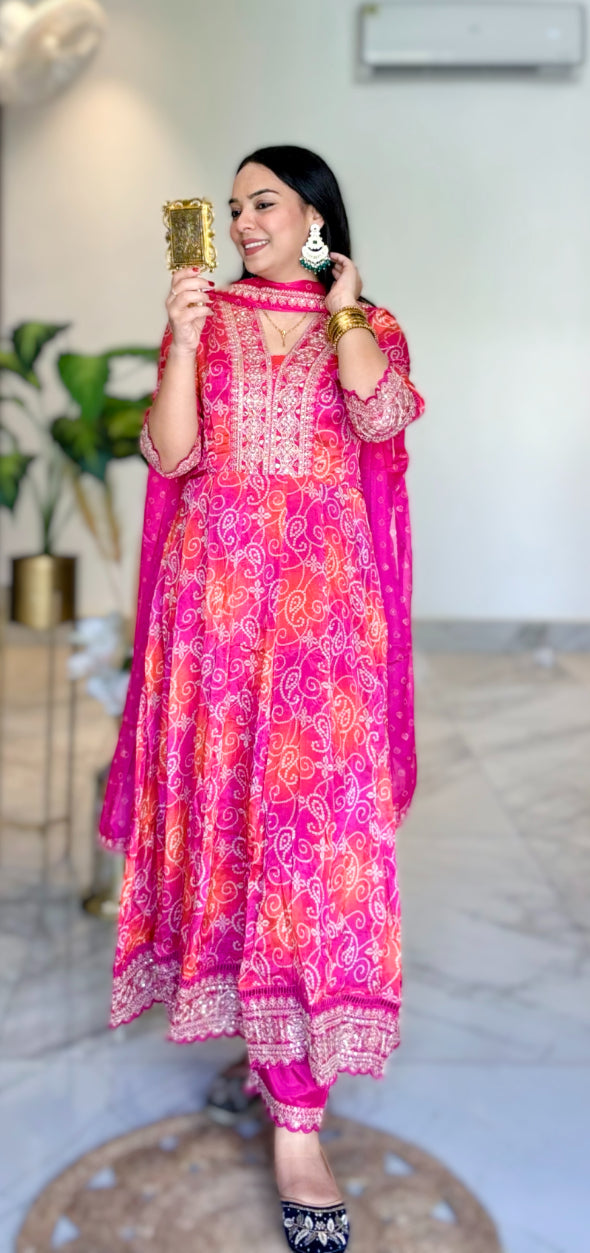 Rani Pink Ethnic Chinon Bandhej Print Anarkali Flared Bandhani Kurta with Pant & Embroidered Dupatta