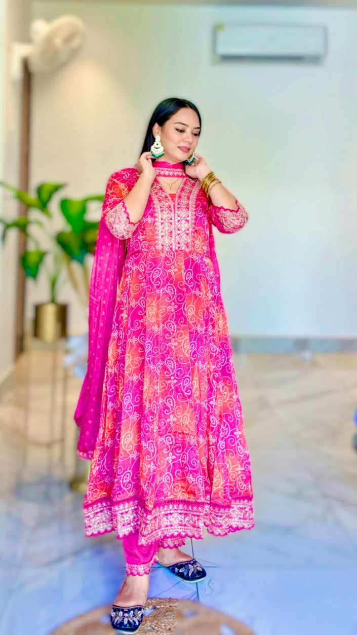 Rani Pink Ethnic Chinon Bandhej Print Anarkali Flared Bandhani Kurta with Pant & Embroidered Dupatta