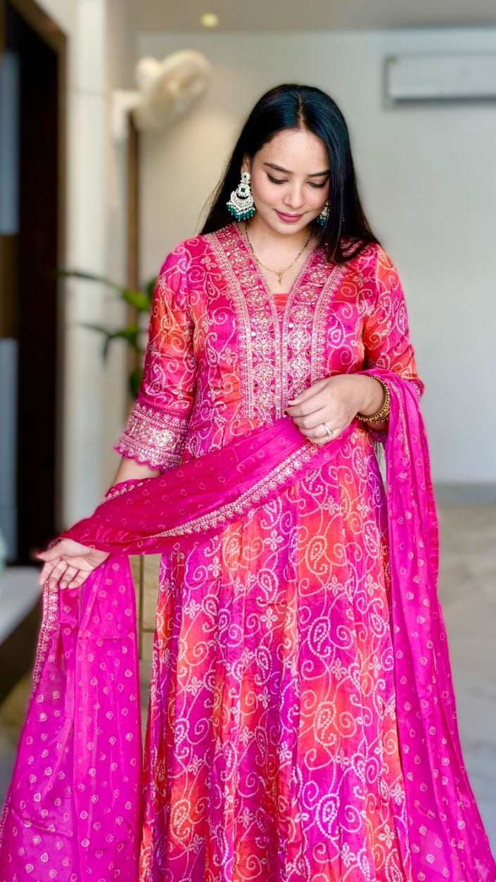 Rani Pink Ethnic Chinon Bandhej Print Anarkali Flared Bandhani Kurta with Pant & Embroidered Dupatta