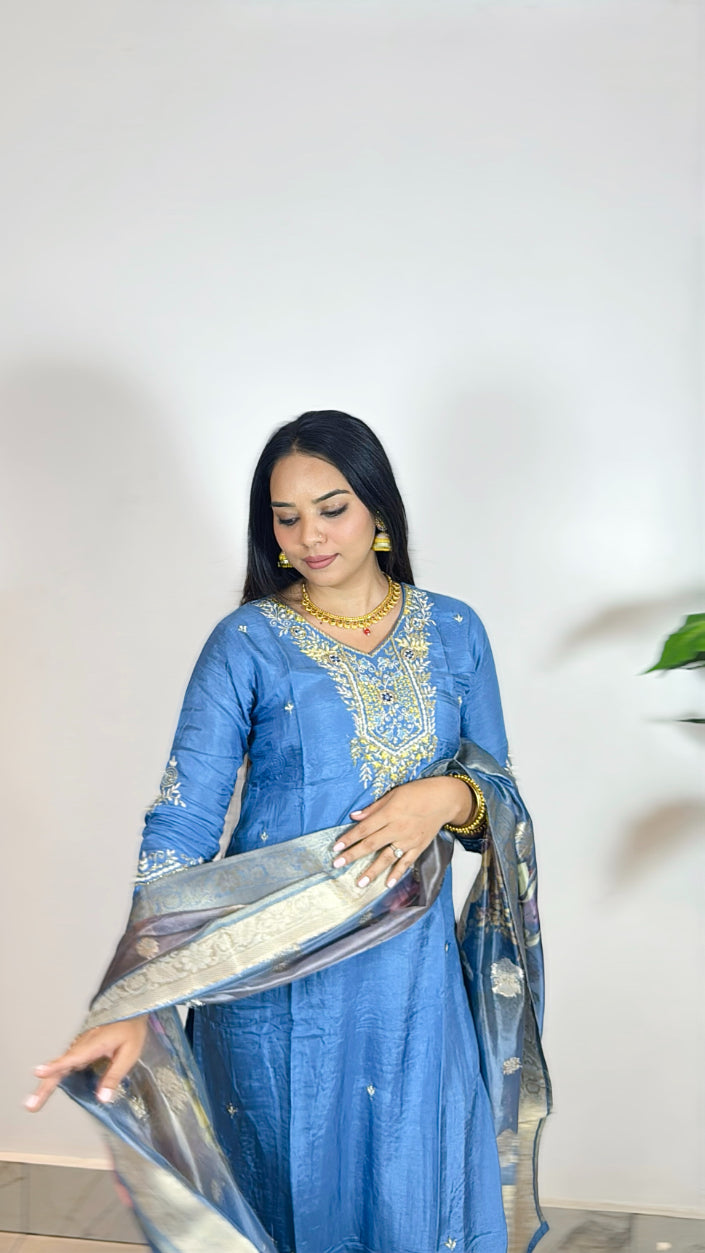 Premium Blue Hand Embroidered Straight Fit Kurta with Pant and Digital Organza Dupatta