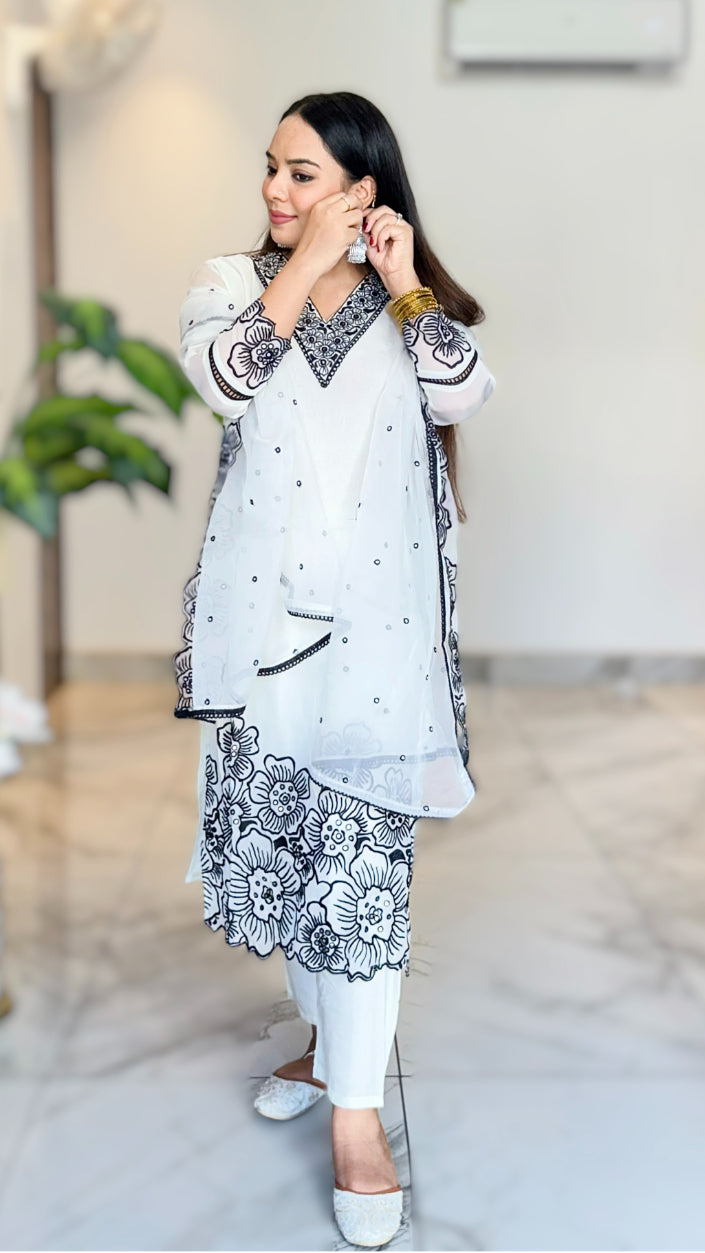 White Floral Yoke Thread work Cut work Design Empire Kurta with Trousers & Dupatta