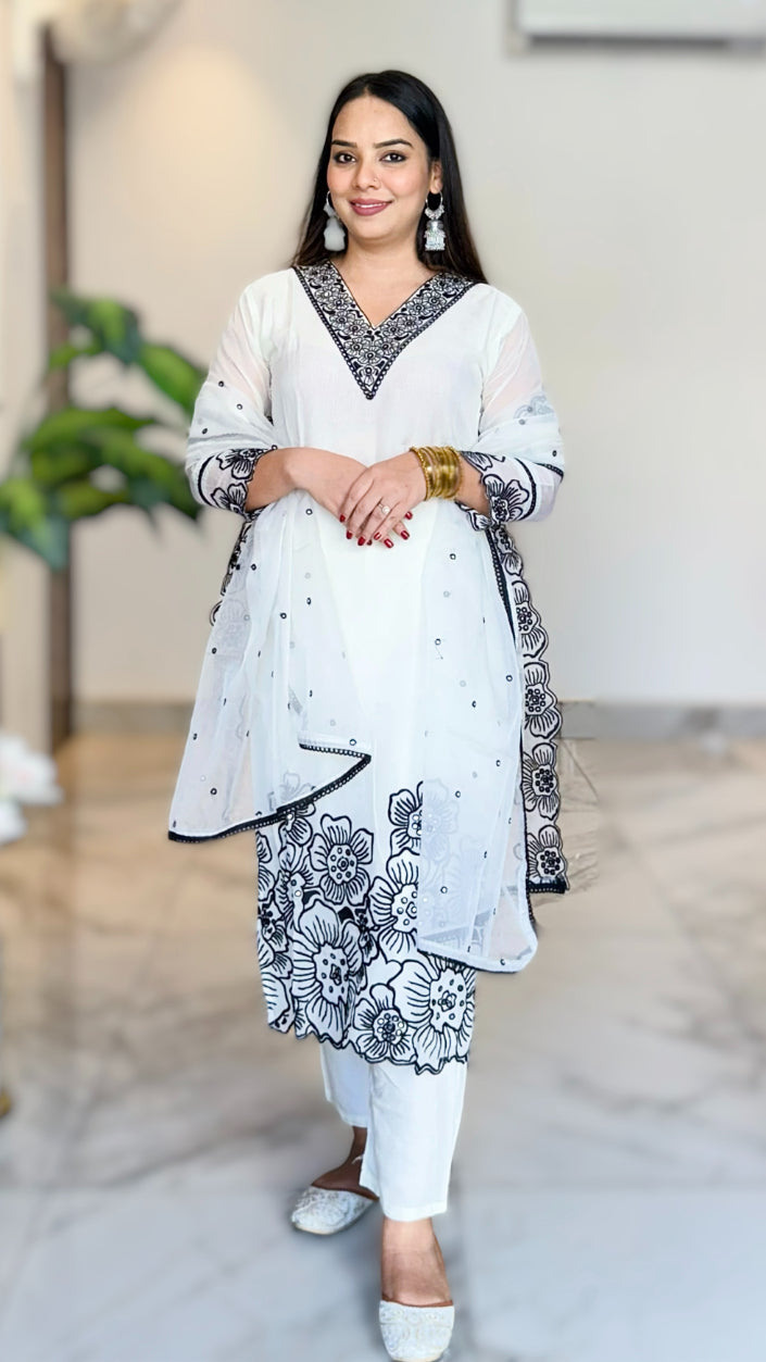 White Floral Yoke Thread work Cut work Design Empire Kurta with Trousers & Dupatta