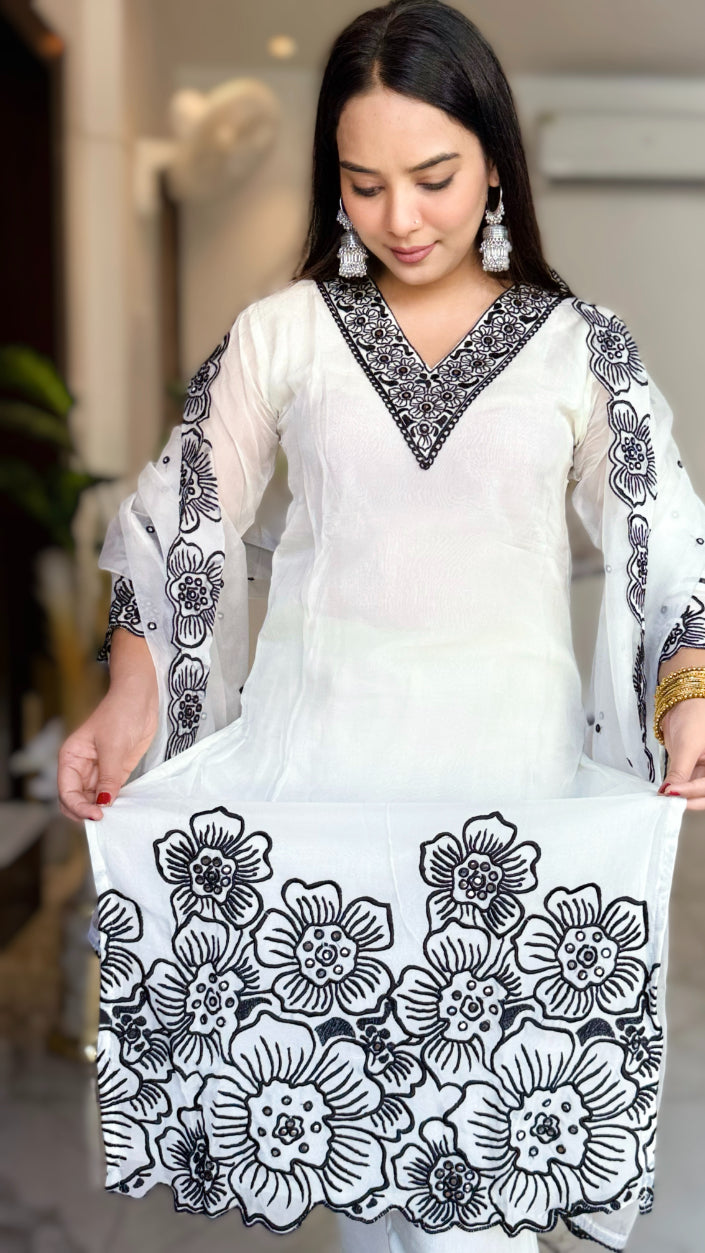 White Floral Yoke Thread work Cut work Design Empire Kurta with Trousers & Dupatta