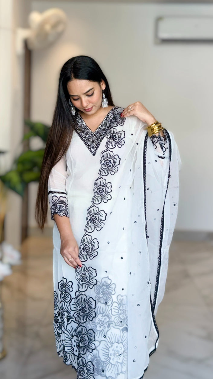 White Floral Yoke Thread work Cut work Design Empire Kurta with Trousers & Dupatta