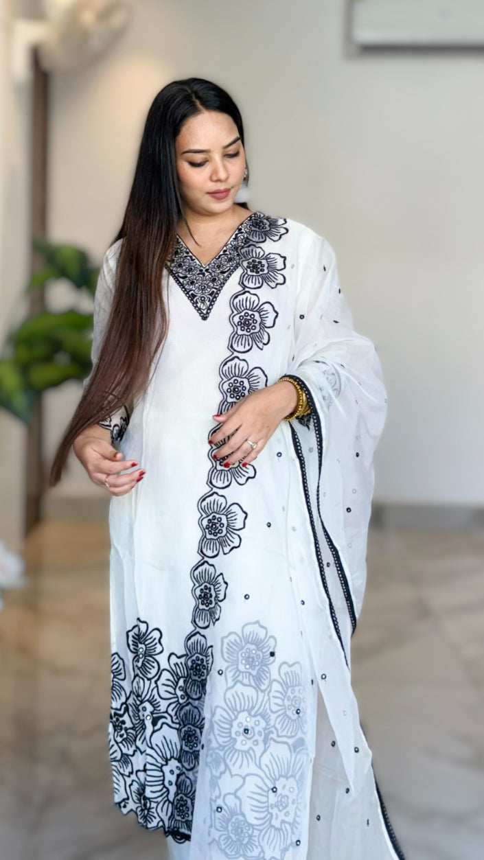 White Floral Yoke Thread work Cut work Design Empire Kurta with Trousers & Dupatta