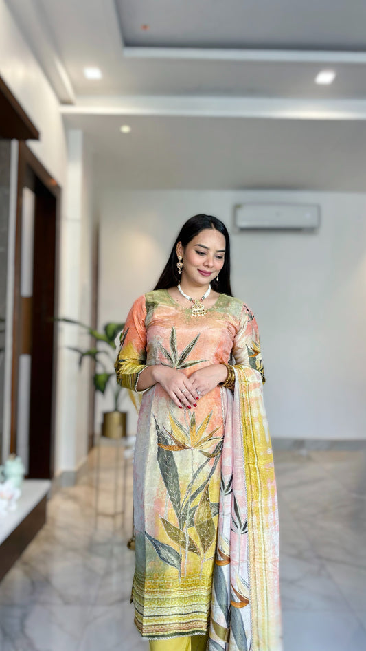 Peach Floral Print with Zari Work Tissue  Kurta with Pant and Digital print Dupatta