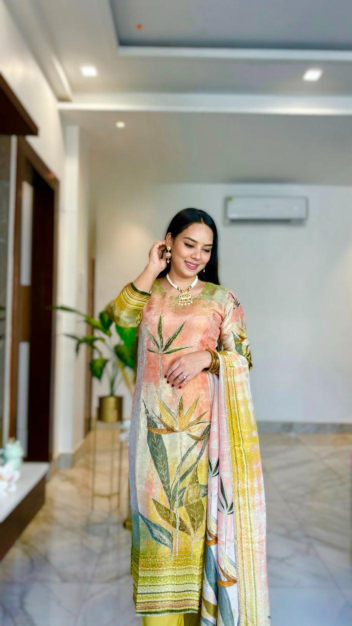 Peach Floral Print with Zari Work Tissue  Kurta with Pant and Digital print Dupatta