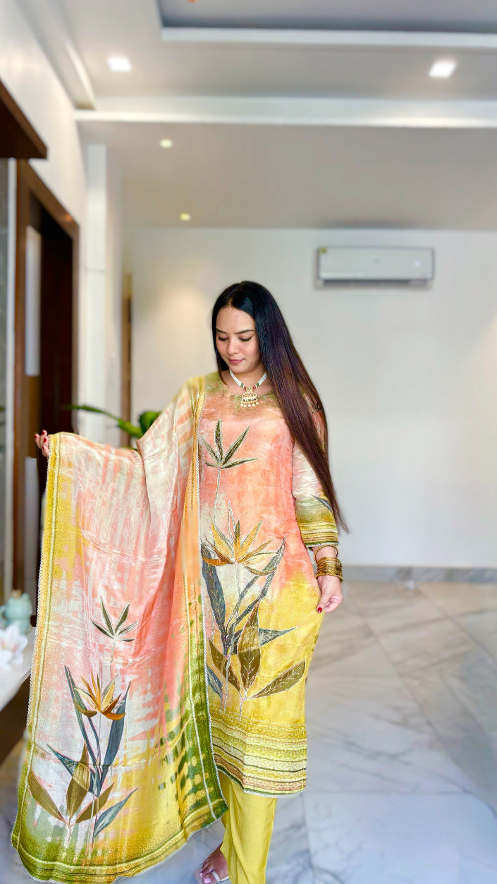 Peach Floral Print with Zari Work Tissue  Kurta with Pant and Digital print Dupatta