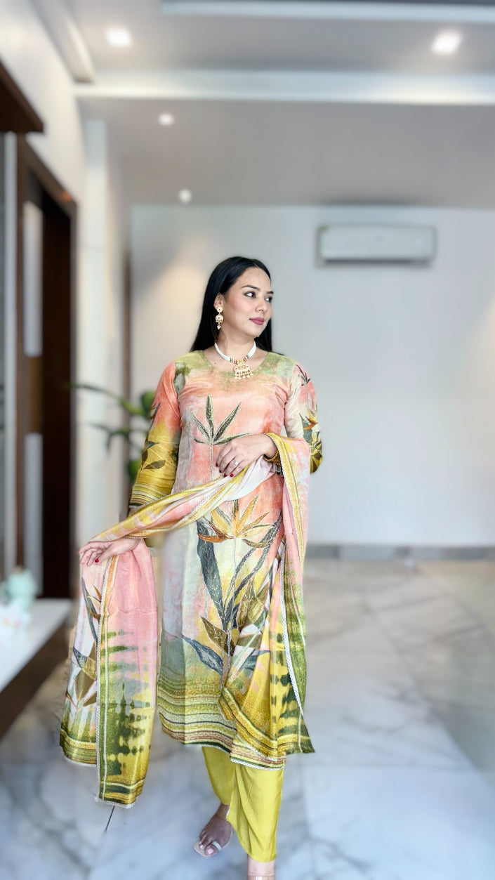 Peach Floral Print with Zari Work Tissue  Kurta with Pant and Digital print Dupatta