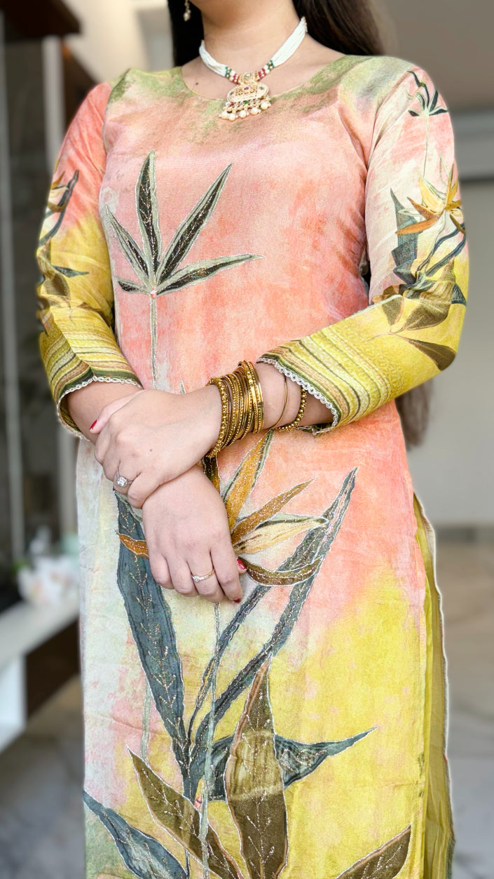 Peach Floral Print with Zari Work Tissue  Kurta with Pant and Digital print Dupatta