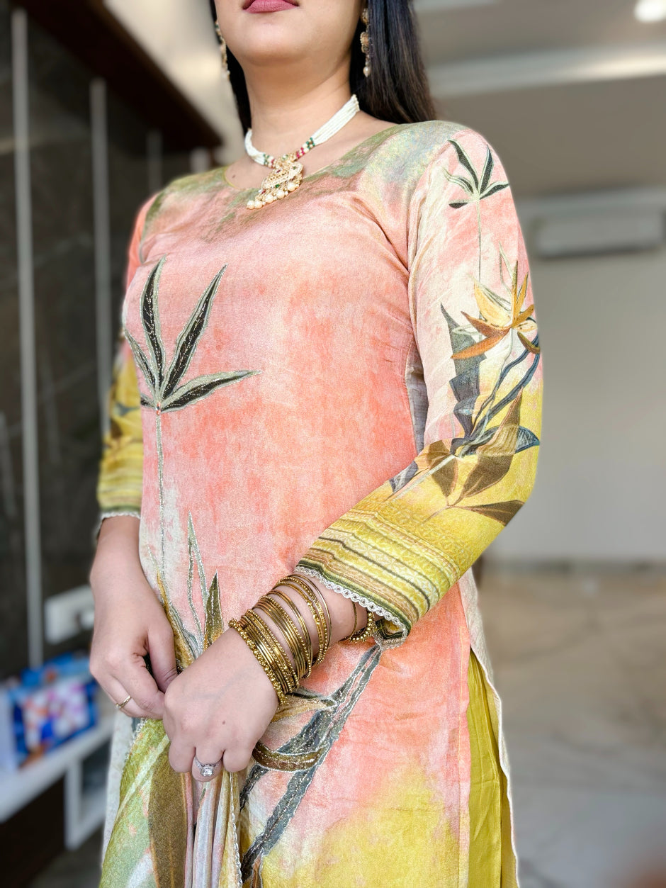 Peach Floral Print with Zari Work Tissue  Kurta with Pant and Digital print Dupatta