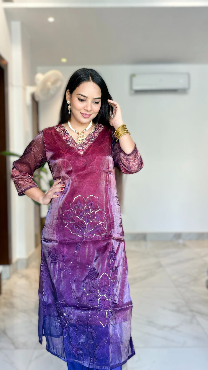 Purple & Burgandi Sequinned Embellished Thread work Kurta with Trousers & Dupatta