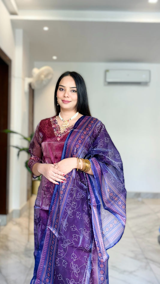 Purple & Burgandi Sequinned Embellished Thread work Kurta with Trousers & Dupatta