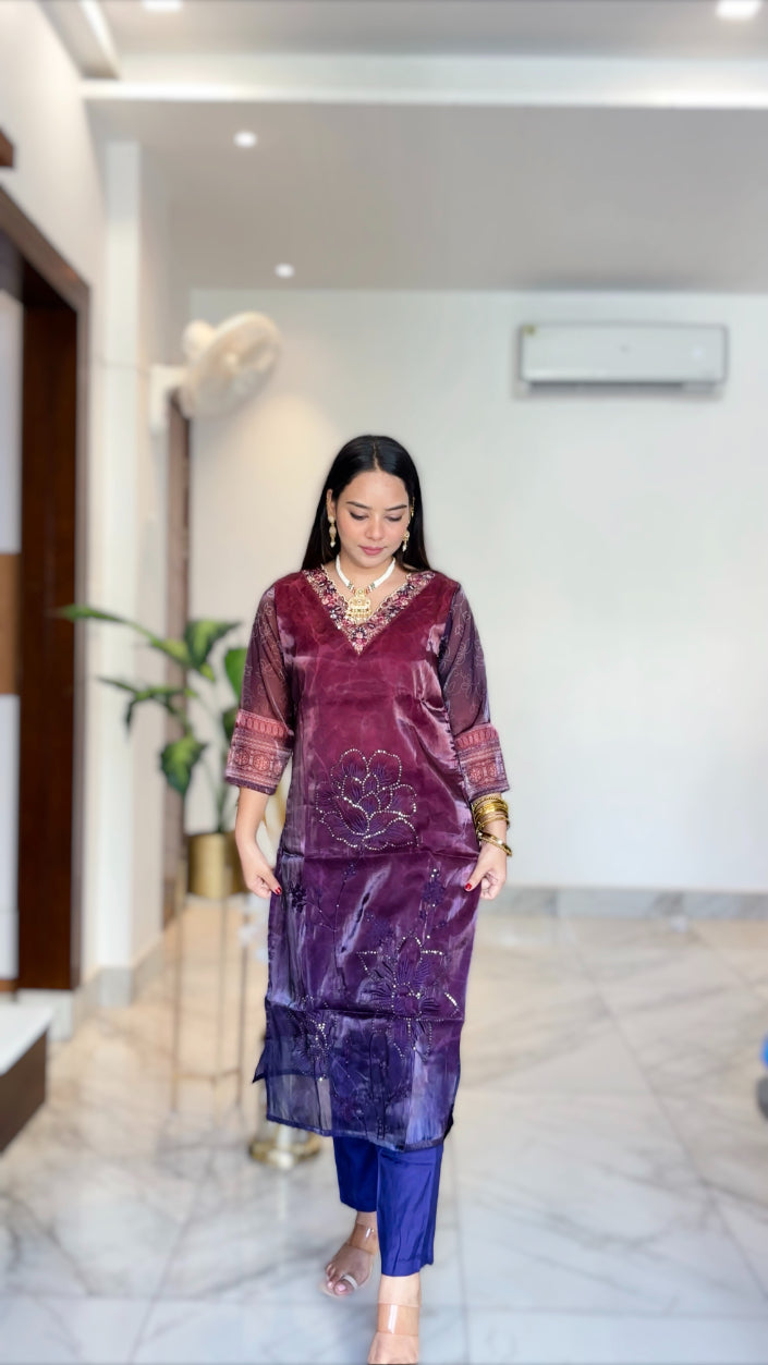 Purple & Burgandi Sequinned Embellished Thread work Kurta with Trousers & Dupatta