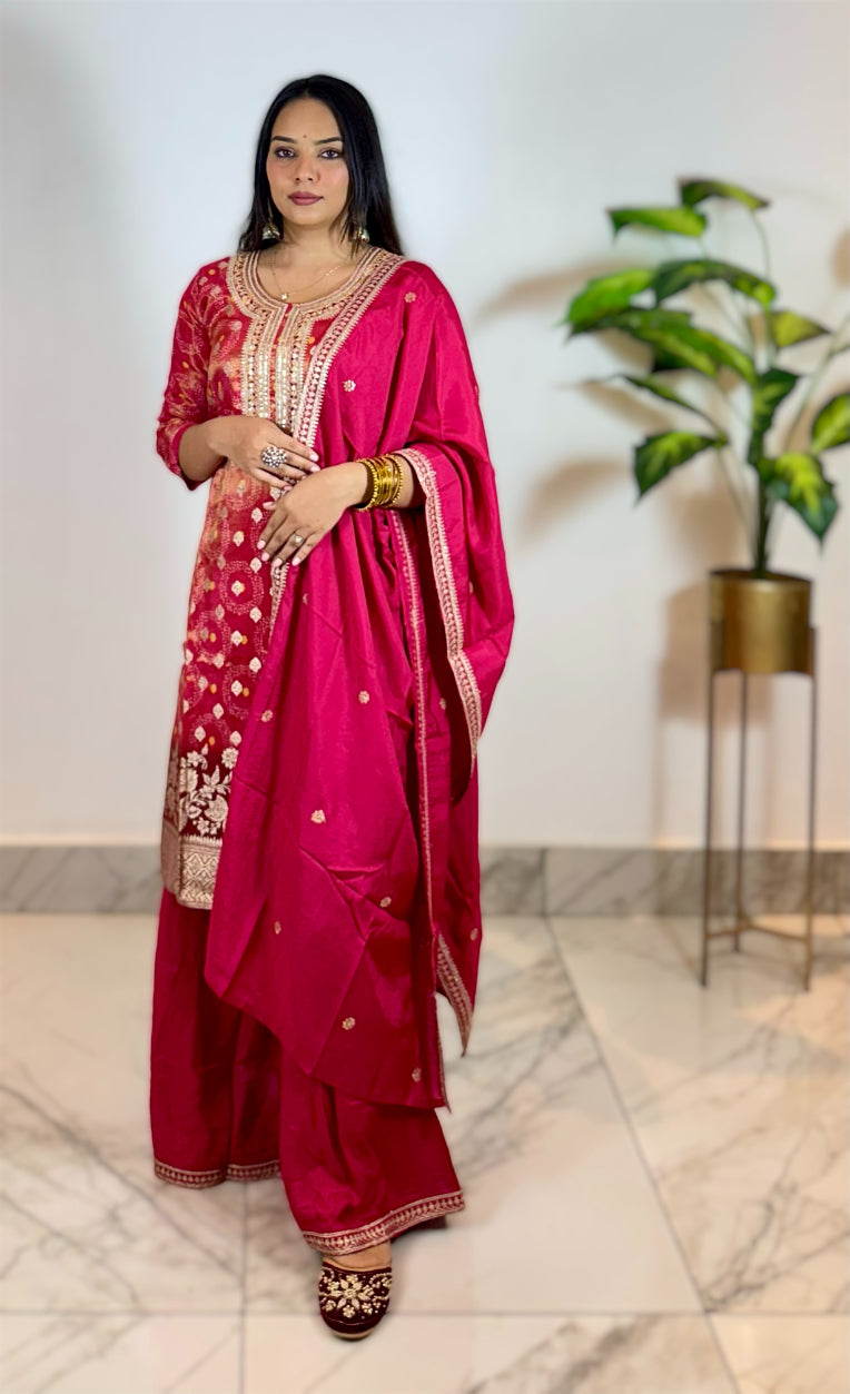 Red Bandhani Printed Sequins Embroidered  Straight Kurta with Palazzo & Dupatta