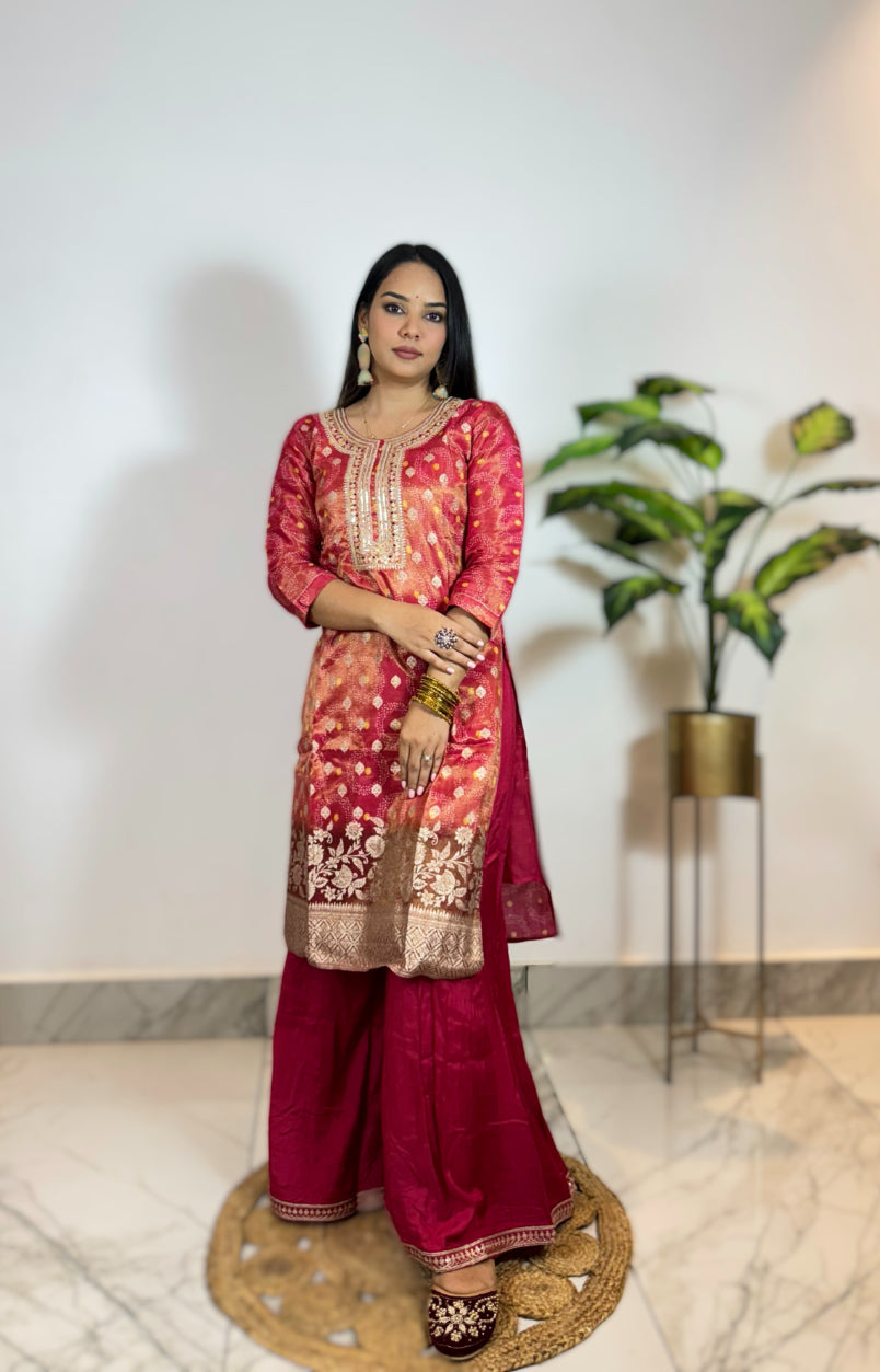 Red Bandhani Printed Sequins Embroidered  Straight Kurta with Palazzo & Dupatta