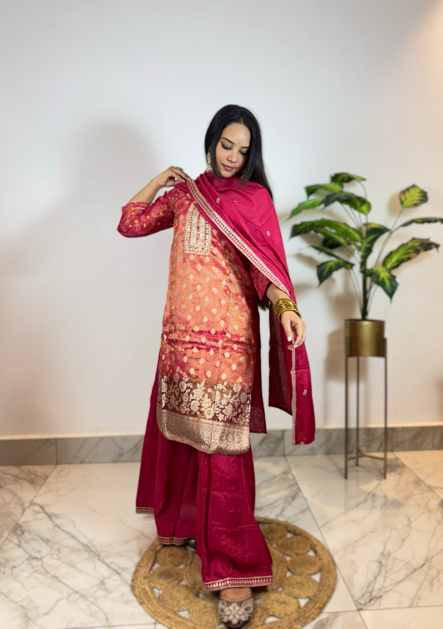 Red Bandhani Printed Sequins Embroidered  Straight Kurta with Palazzo & Dupatta
