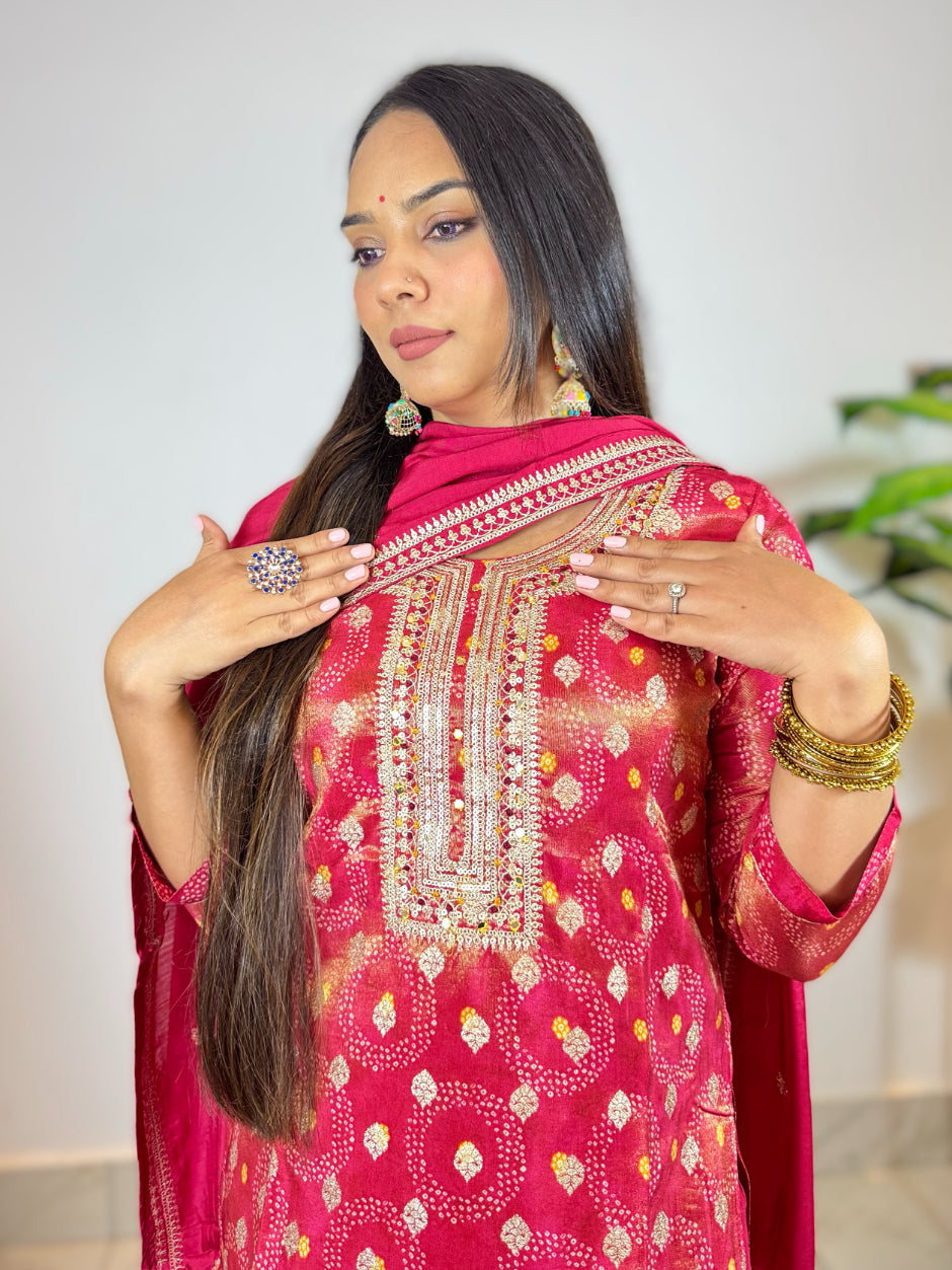 Red Bandhani Printed Sequins Embroidered  Straight Kurta with Palazzo & Dupatta