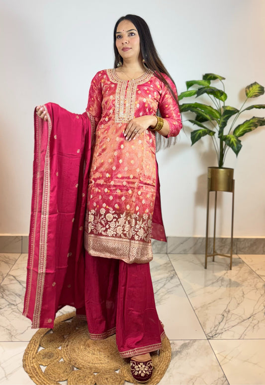 Red Bandhani Printed Sequins Embroidered  Straight Kurta with Palazzo & Dupatta