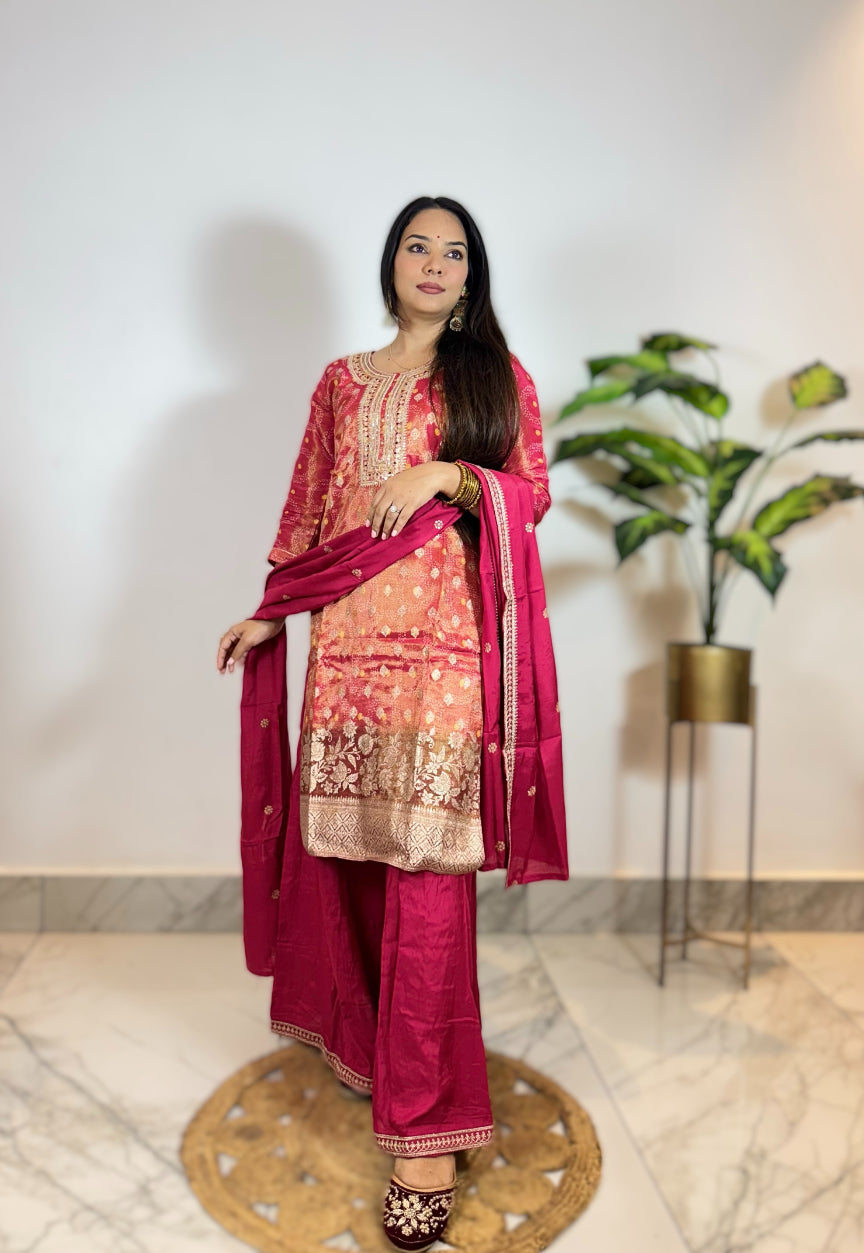 Red Bandhani Printed Sequins Embroidered  Straight Kurta with Palazzo & Dupatta