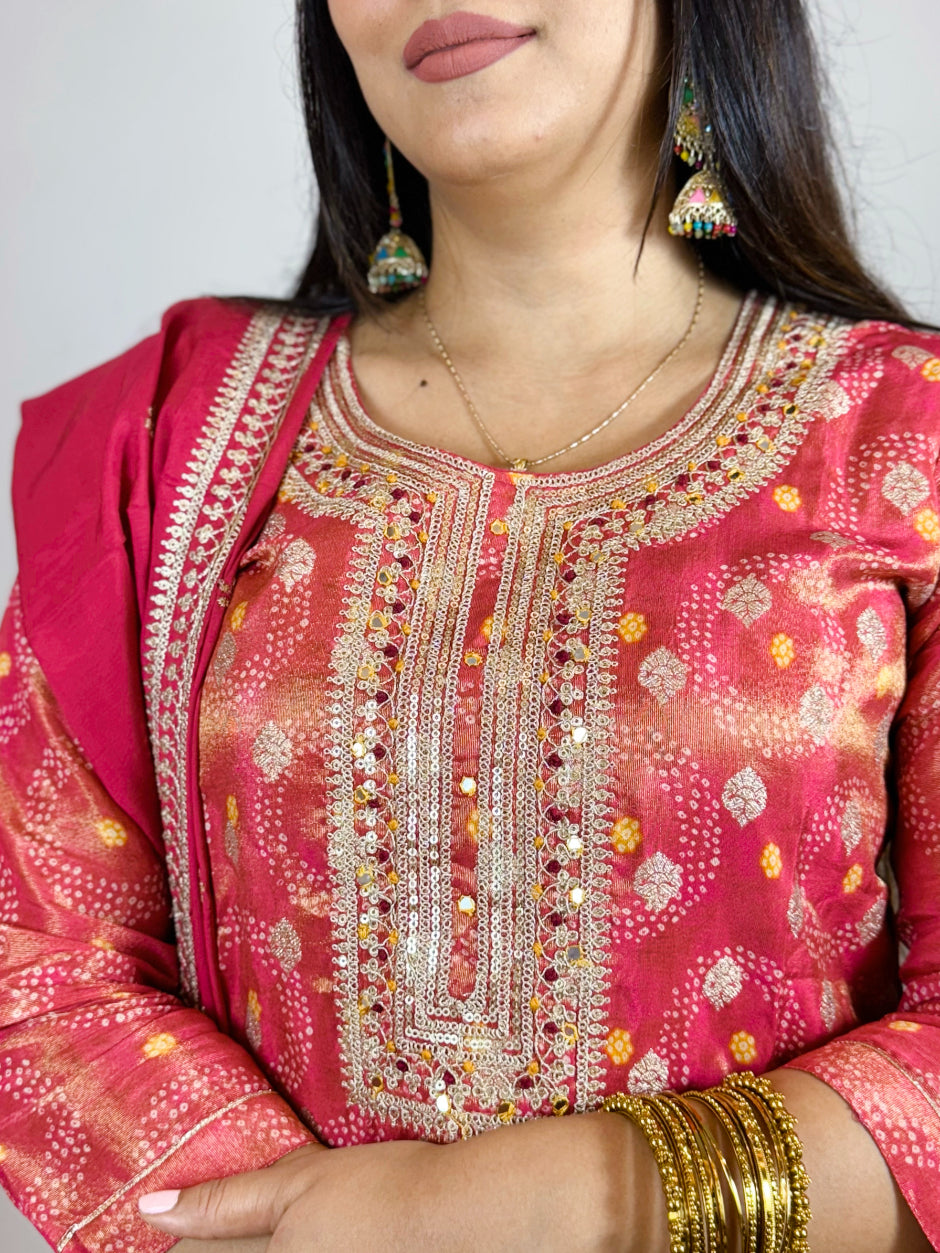 Red Bandhani Printed Sequins Embroidered  Straight Kurta with Palazzo & Dupatta