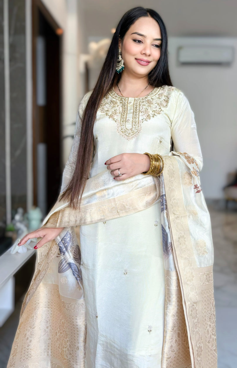 Beige colour Hand Embroidered premium Tissue Silk Kurta with Pant and Banarasi Dupatta