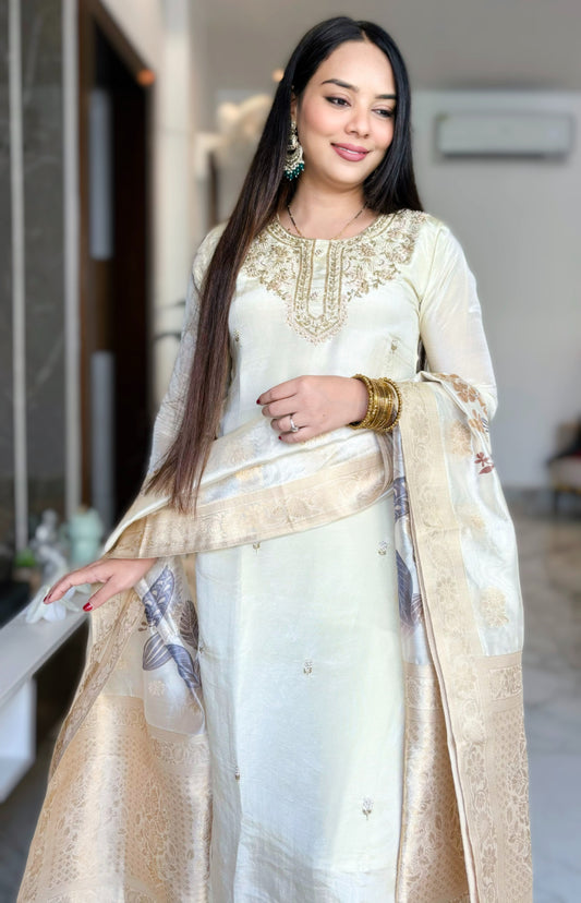 Beige colour Hand Embroidered premium Tissue Silk Kurta with Pant and Banarasi Dupatta