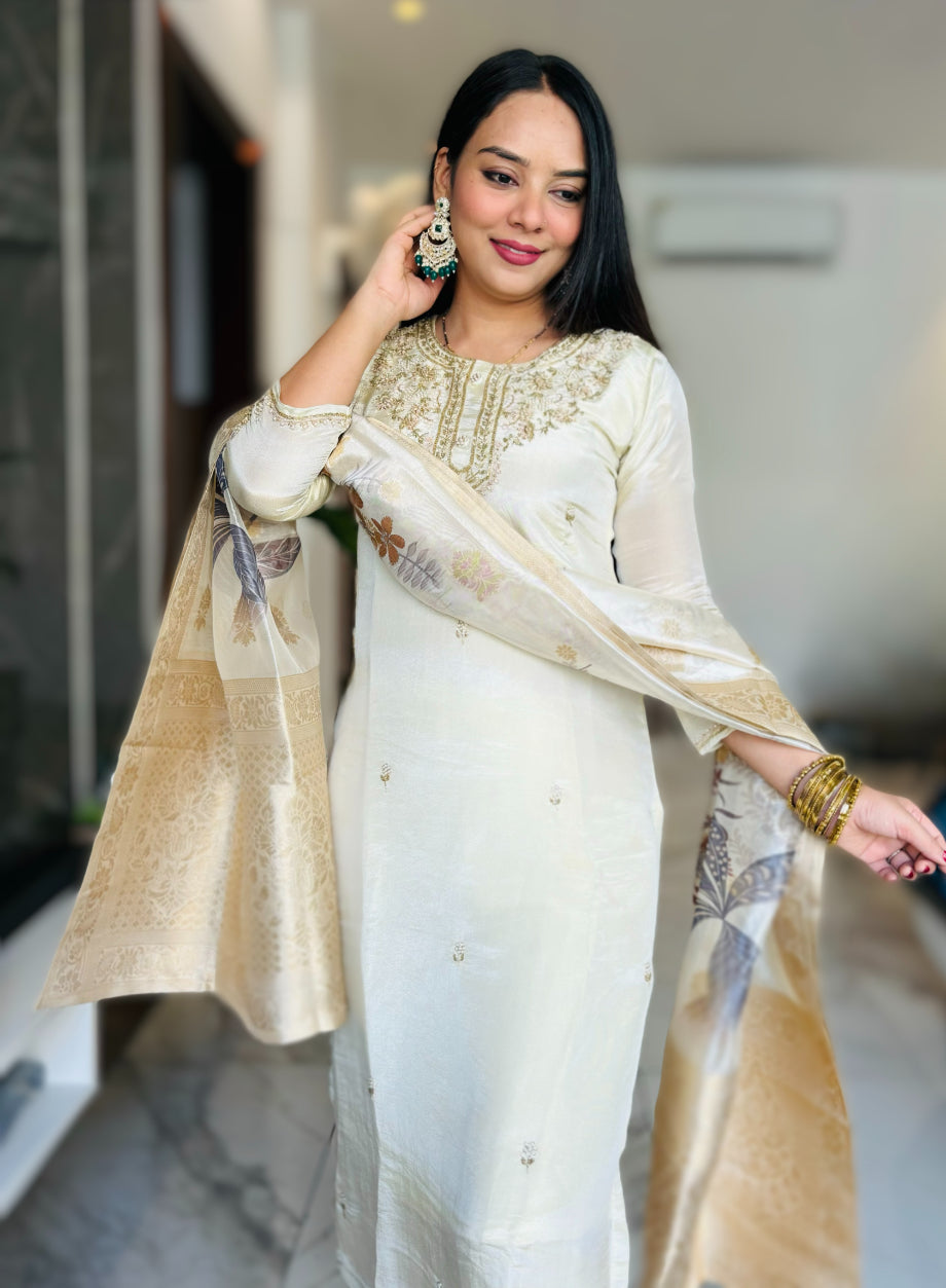Beige colour Hand Embroidered premium Tissue Silk Kurta with Pant and Banarasi Dupatta