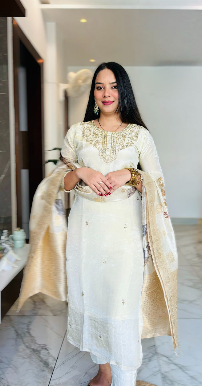 Beige colour Hand Embroidered premium Tissue Silk Kurta with Pant and Banarasi Dupatta