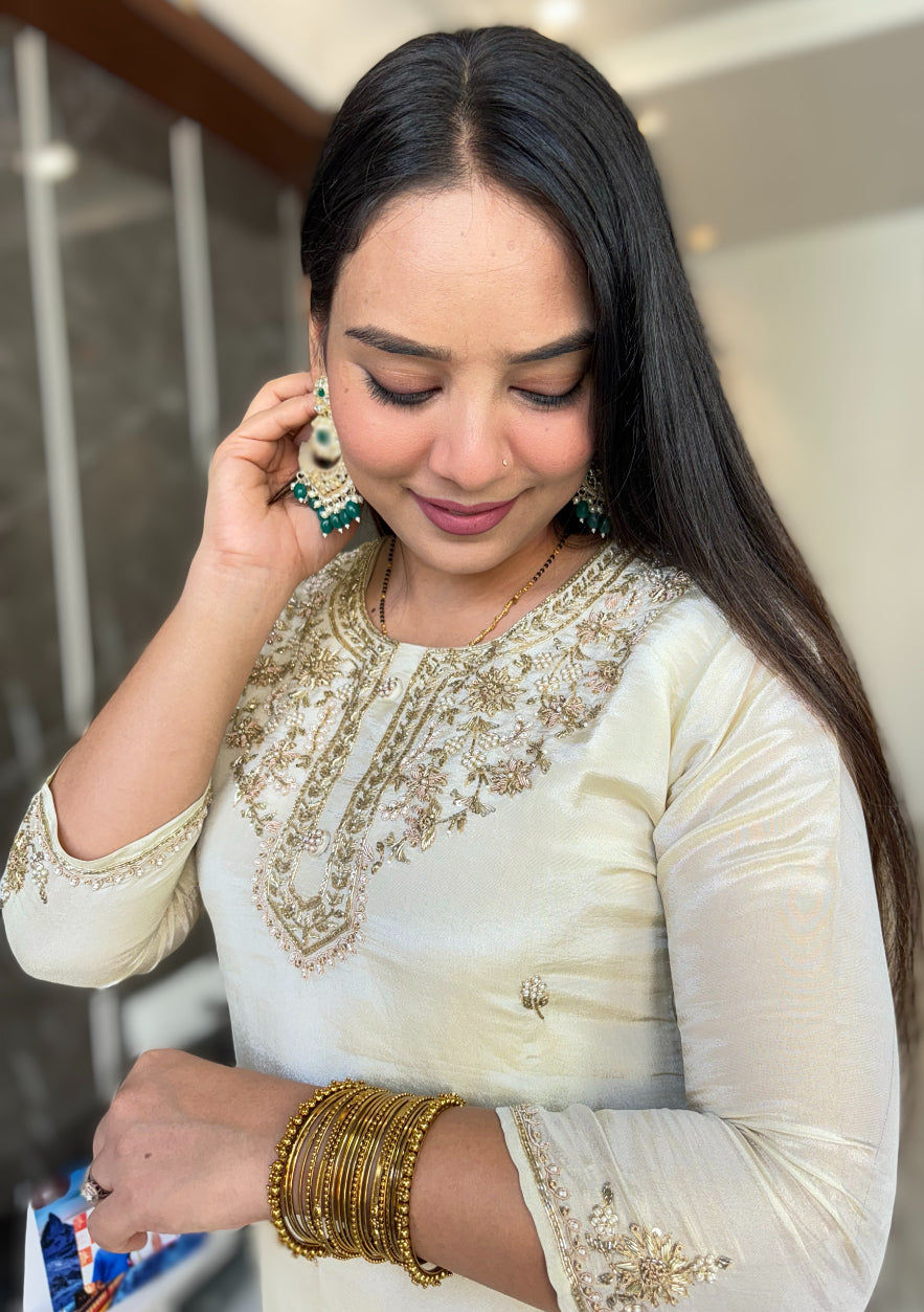 Beige colour Hand Embroidered premium Tissue Silk Kurta with Pant and Banarasi Dupatta