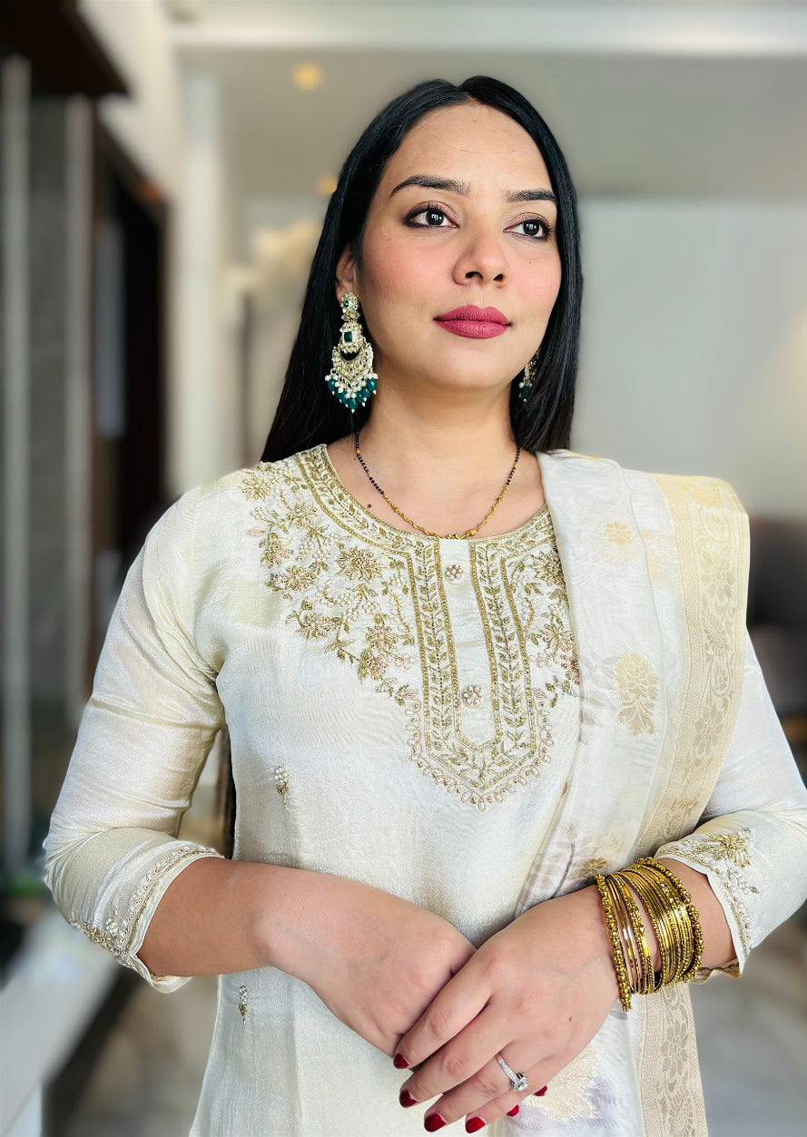 Beige colour Hand Embroidered premium Tissue Silk Kurta with Pant and Banarasi Dupatta
