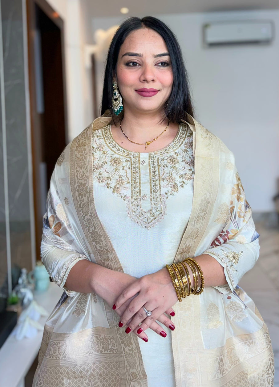 Beige colour Hand Embroidered premium Tissue Silk Kurta with Pant and Banarasi Dupatta