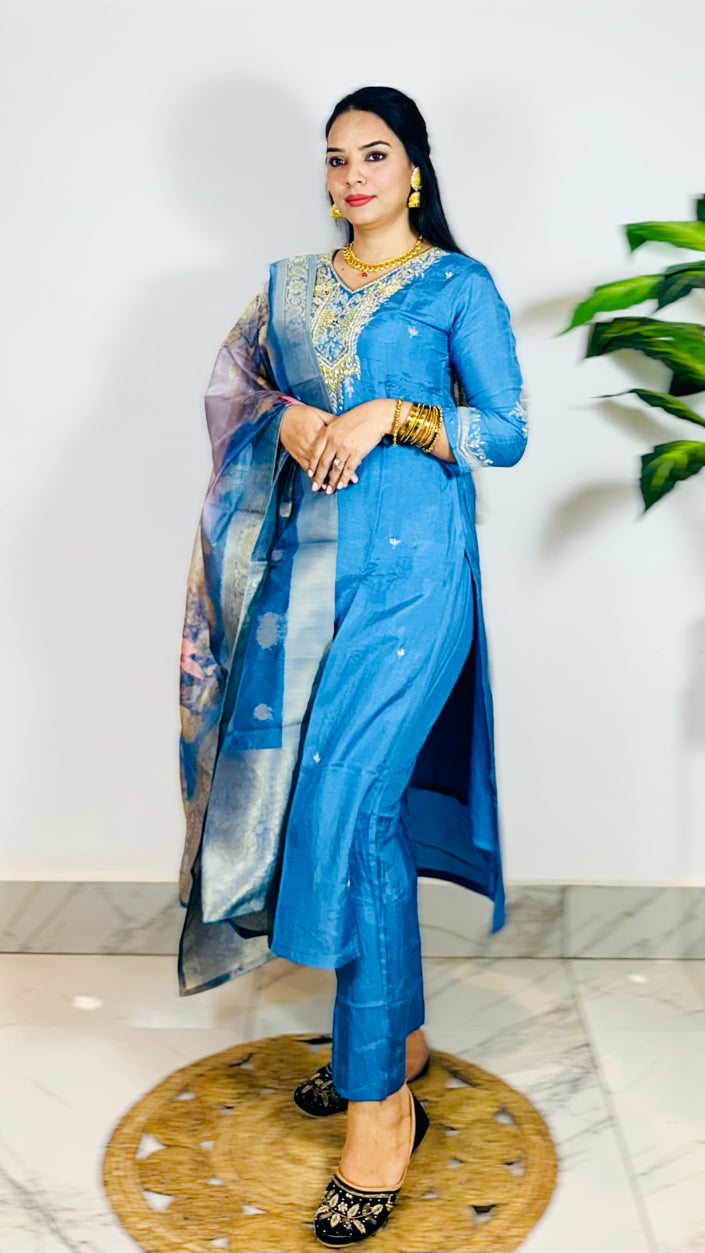 Premium Blue Hand Embroidered Straight Fit Kurta with Pant and Digital Organza Dupatta