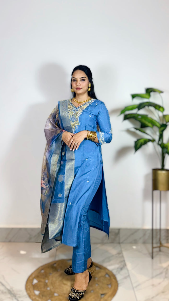 Premium Blue Hand Embroidered Straight Fit Kurta with Pant and Digital Organza Dupatta