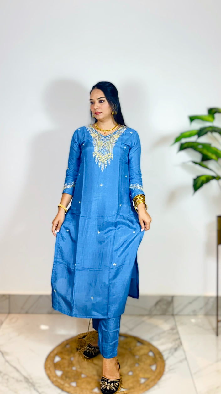 Premium Blue Hand Embroidered Straight Fit Kurta with Pant and Digital Organza Dupatta