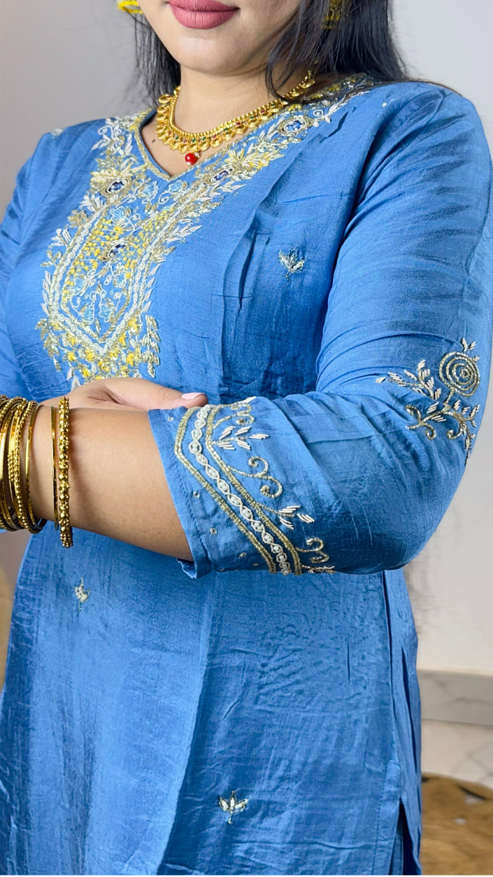 Premium Blue Hand Embroidered Straight Fit Kurta with Pant and Digital Organza Dupatta
