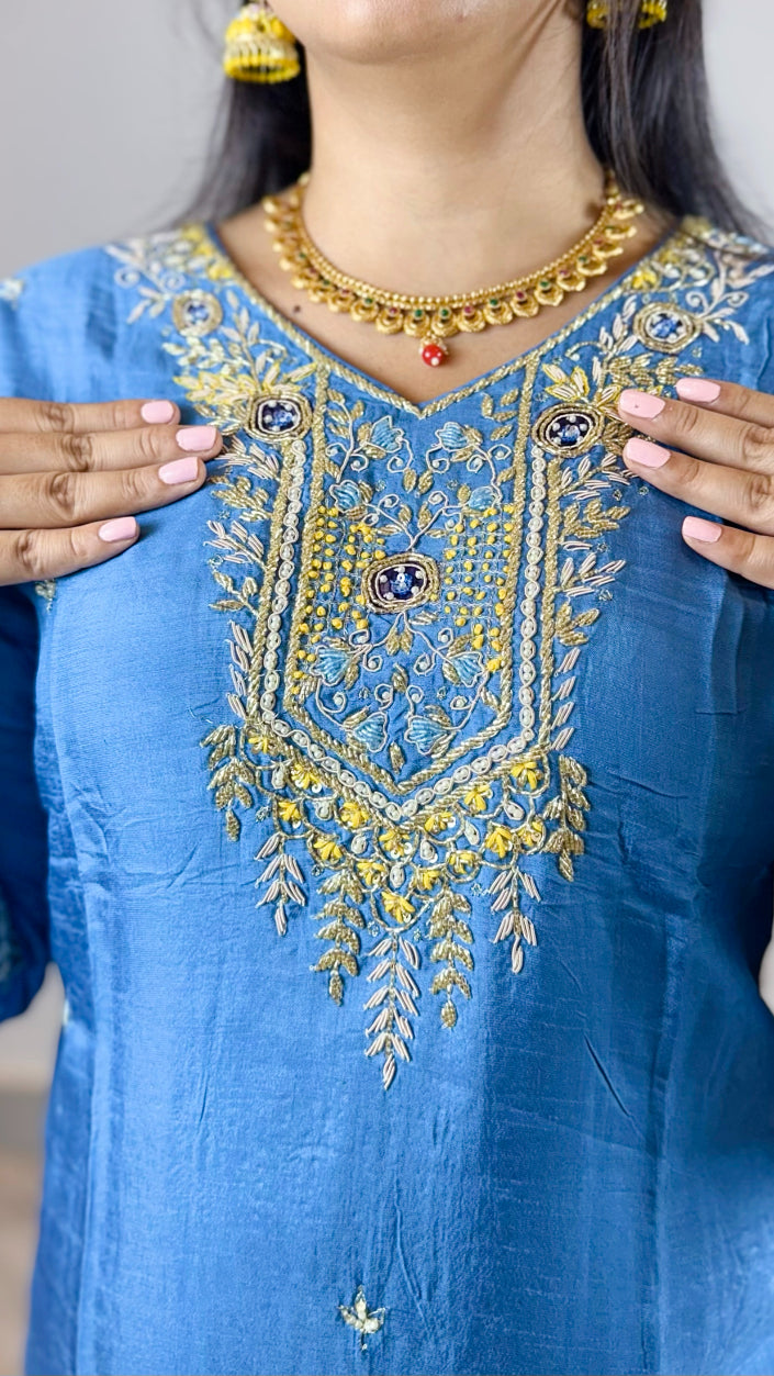 Premium Blue Hand Embroidered Straight Fit Kurta with Pant and Digital Organza Dupatta