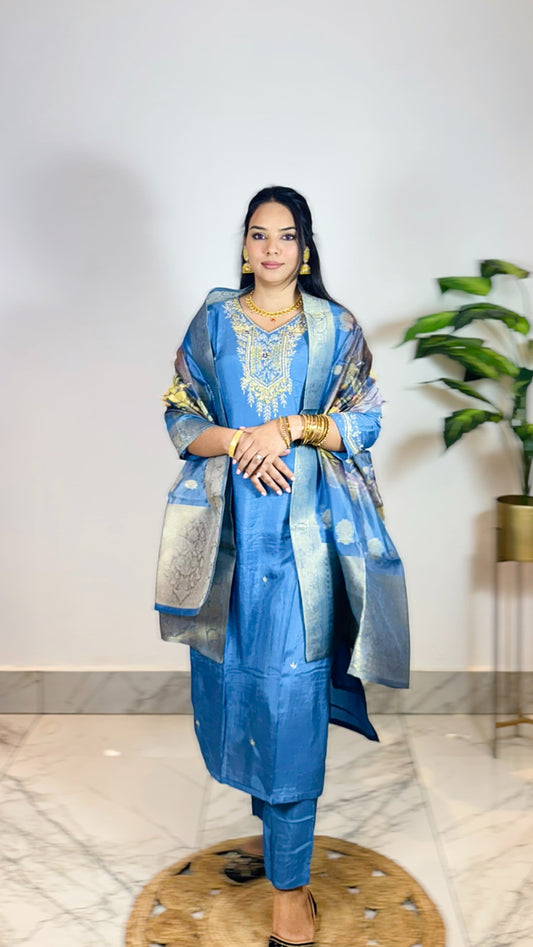 Premium Blue Hand Embroidered Straight Fit Kurta with Pant and Digital Organza Dupatta
