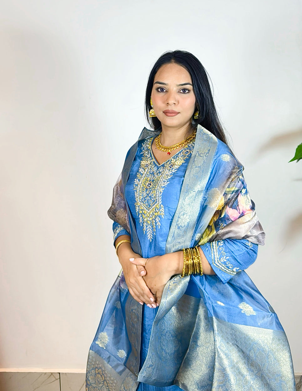 Premium Blue Hand Embroidered Straight Fit Kurta with Pant and Digital Organza Dupatta