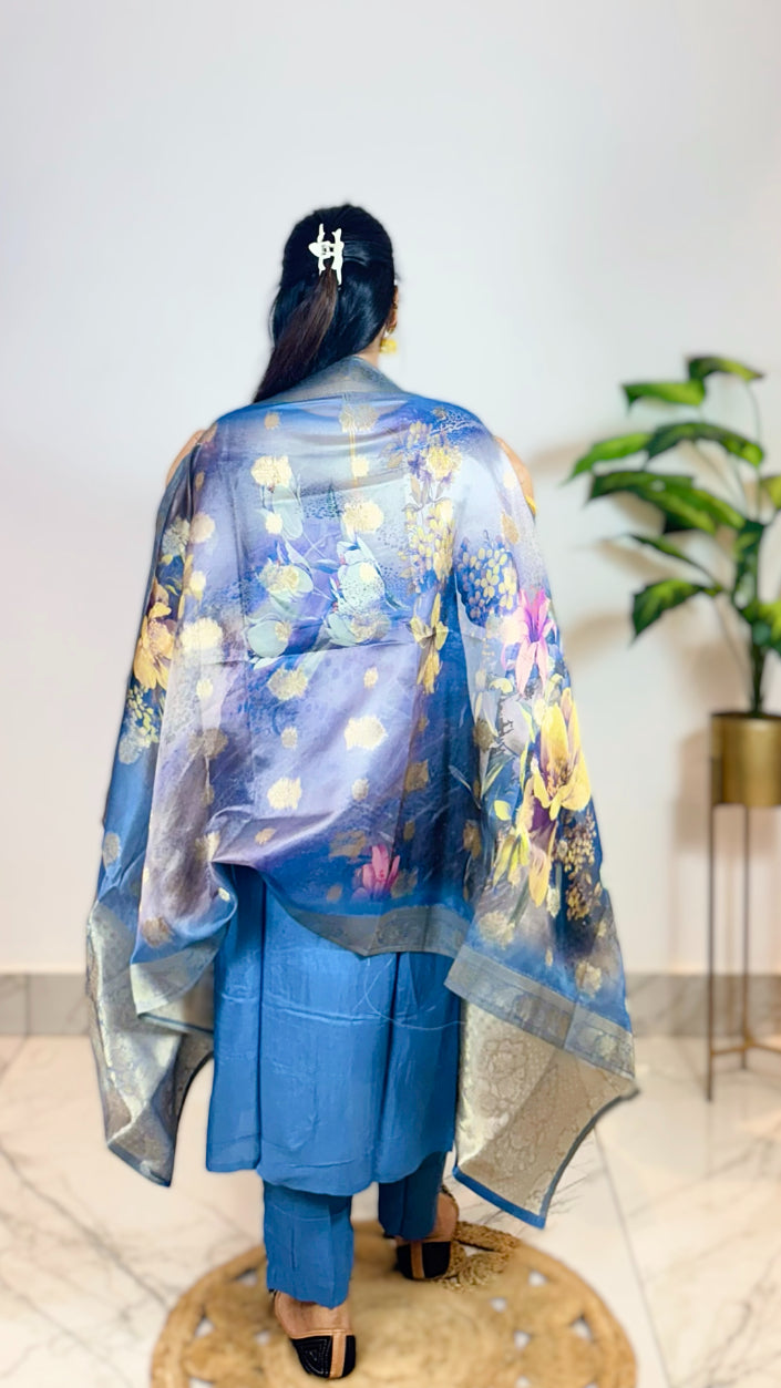 Premium Blue Hand Embroidered Straight Fit Kurta with Pant and Digital Organza Dupatta
