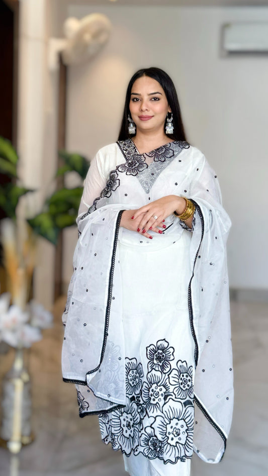 White Floral Yoke Thread work Cut work Design Empire Kurta with Trousers & Dupatta